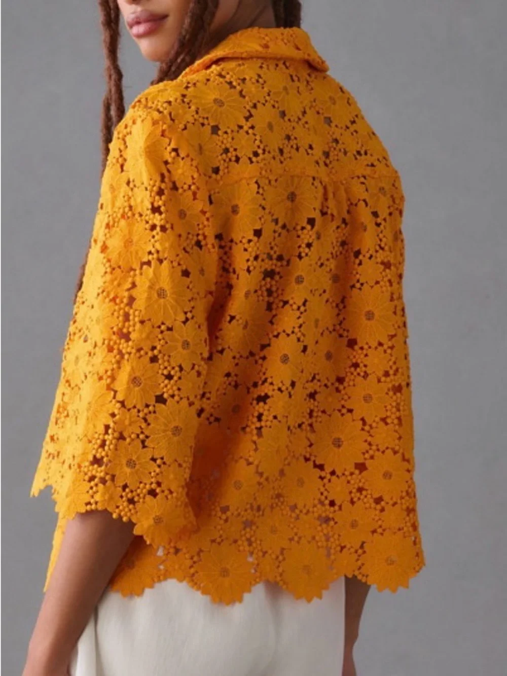 Anthropologie new Maeve Floral Lace Button down short sleeve shirt L boho resor